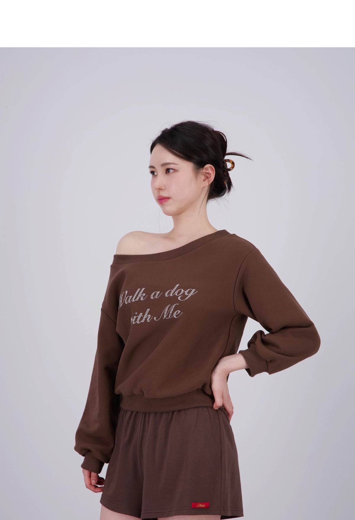Off-Shoulder Sweatshirt - [Walk a dog with me]
